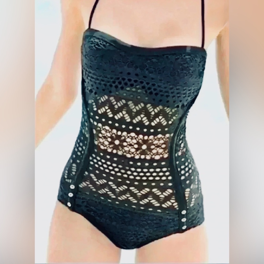 ROBIN PICCONE Cut Out Black Swimsuit w/ Abalone Shell Buttons Southwest Vibes